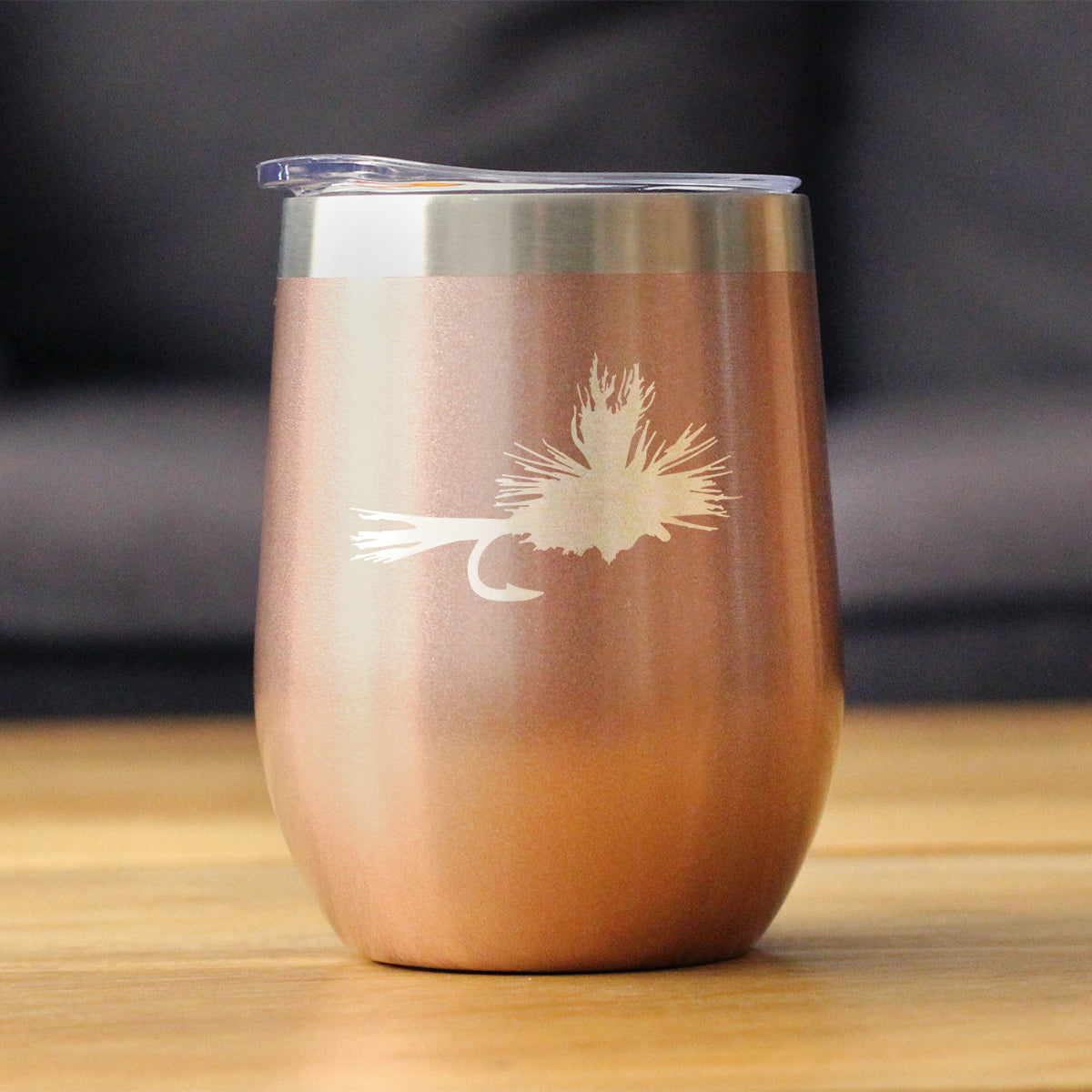 Fishing Fly - Wine Tumbler Glass with Sliding Lid - Stainless Steel Insulated Mug - Unique Flyfishing Gifts for Fishermen